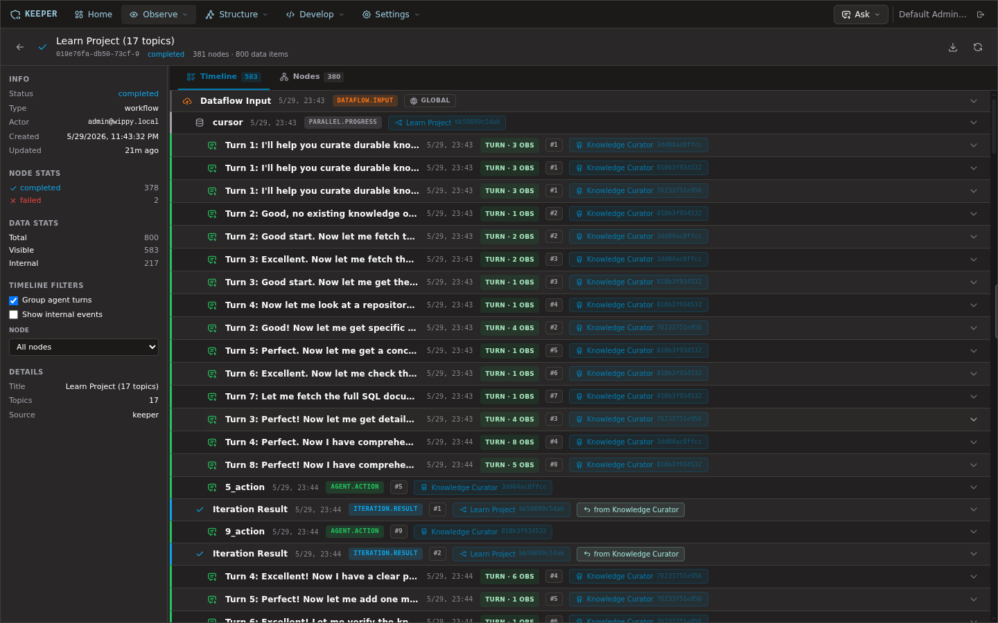 The dataflow inspector replaying a multi-agent run step by step