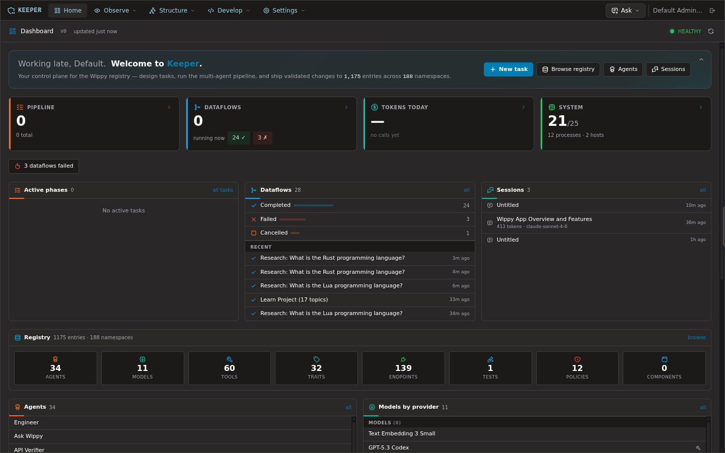 Wippy Keeper dashboard: pipeline, dataflows, sessions, and the live registry across all namespaces