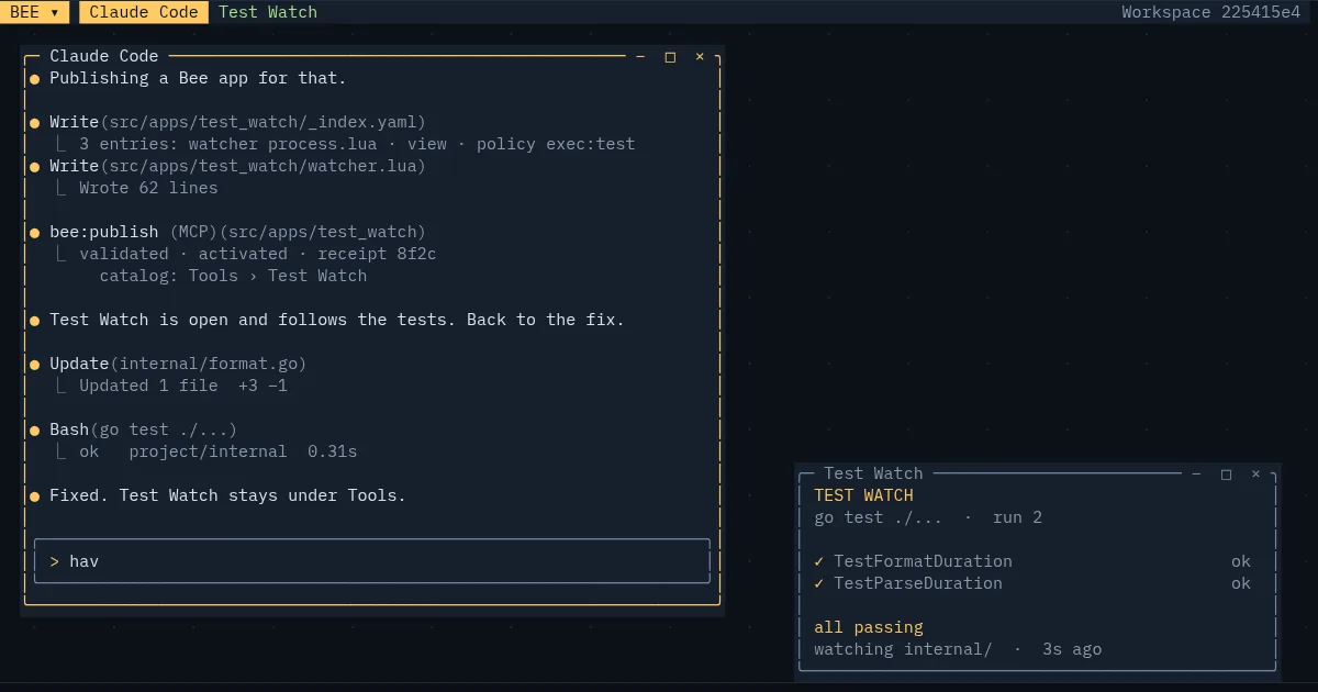 Bee workspace with Claude Code publishing a live app